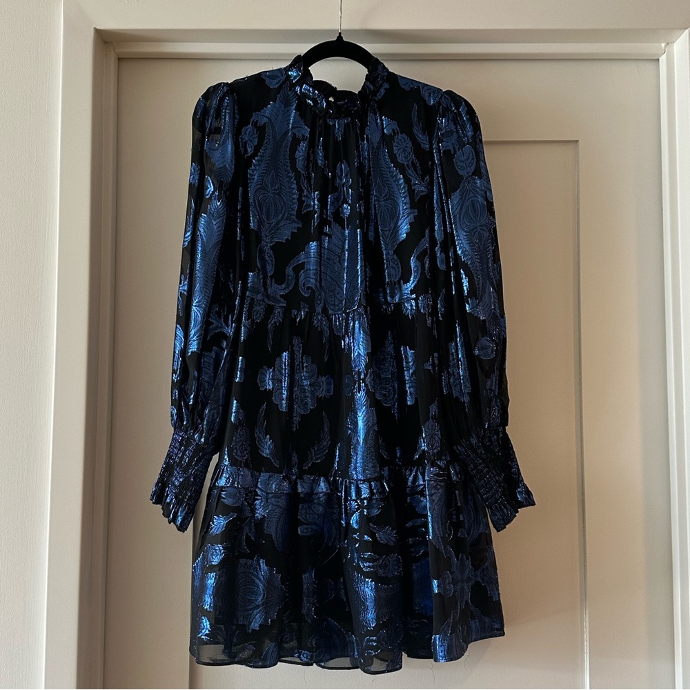 Alice + Olivia Blue and Black Long Sleeve Cocktail Dress